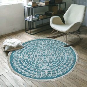 liula round cotton rug woven tassel throw rug washable area rug for living room bedroom kitchen bathroom (3ft round-light blue)