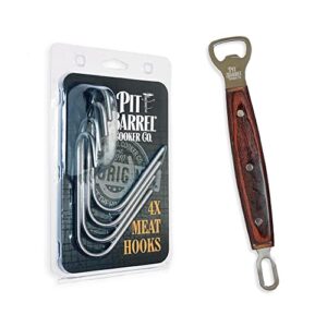 pit barrel meat hook kit - stainless steel meat hooks (set of 4) and ultimate hook tool with bottle opener
