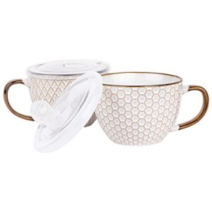 kook ceramic soup mugs, embossed, with handle and vented plastic lid, microwave and dishwasher safe travel cups, cream with dark copper accents, 18 oz, set of 2, narbonne collection