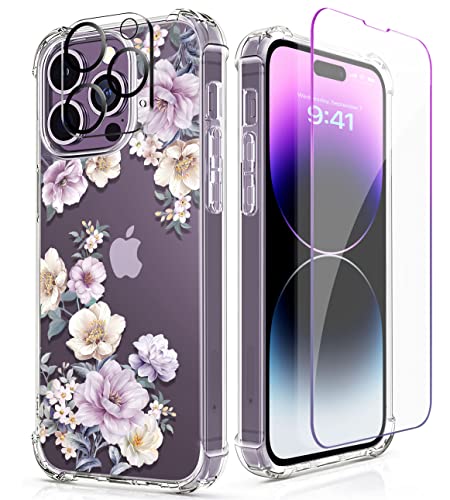 ROSEPARROT Designed for iPhone 14 pro max Case with Tempered Glass Screen Protector + Camera Lens Protector, Clear with Floral Pattern Design, Shockproof Protective Cover （Anemone Blooms）