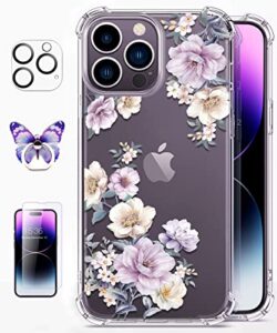 roseparrot designed for iphone 14 pro max case with tempered glass screen protector + camera lens protector, clear with floral pattern design, shockproof protective cover （anemone blooms）
