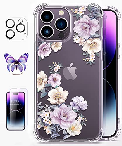 ROSEPARROT Designed for iPhone 14 pro max Case with Tempered Glass Screen Protector + Camera Lens Protector, Clear with Floral Pattern Design, Shockproof Protective Cover （Anemone Blooms）