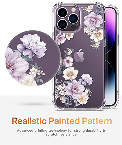 ROSEPARROT Designed for iPhone 14 pro max Case with Tempered Glass Screen Protector + Camera Lens Protector, Clear with Floral Pattern Design, Shockproof Protective Cover （Anemone Blooms）