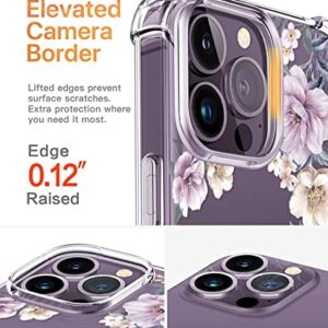 ROSEPARROT Designed for iPhone 14 pro max Case with Tempered Glass Screen Protector + Camera Lens Protector, Clear with Floral Pattern Design, Shockproof Protective Cover （Anemone Blooms）