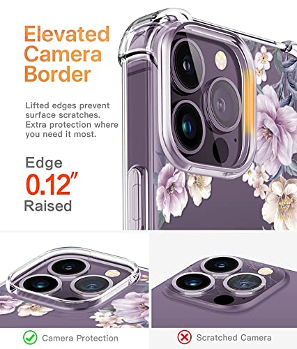 ROSEPARROT Designed for iPhone 14 pro max Case with Tempered Glass Screen Protector + Camera Lens Protector, Clear with Floral Pattern Design, Shockproof Protective Cover （Anemone Blooms）