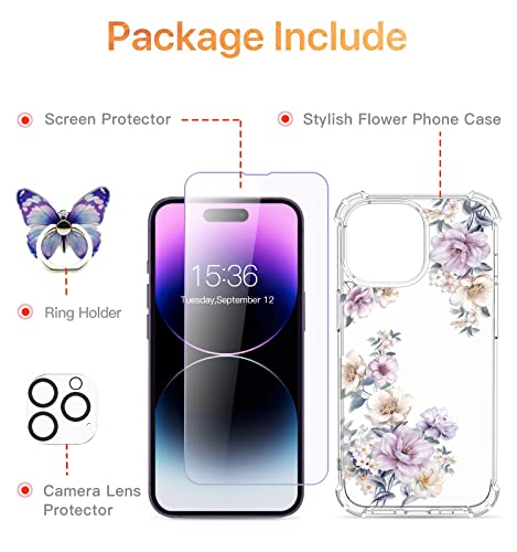 ROSEPARROT Designed for iPhone 14 pro max Case with Tempered Glass Screen Protector + Camera Lens Protector, Clear with Floral Pattern Design, Shockproof Protective Cover （Anemone Blooms）