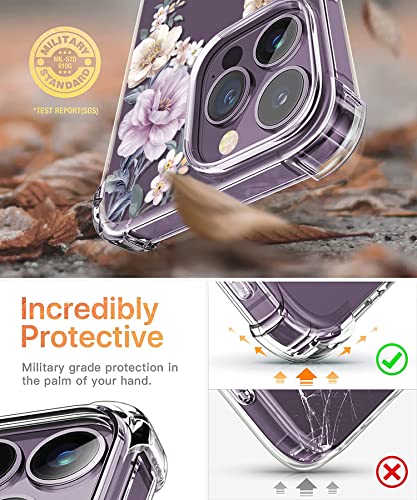 ROSEPARROT Designed for iPhone 14 pro max Case with Tempered Glass Screen Protector + Camera Lens Protector, Clear with Floral Pattern Design, Shockproof Protective Cover （Anemone Blooms）