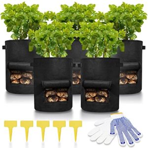 la main verte potato growing containers, [5 pack] 10 gallon potato bags for growing potatoes, non woven potato pots for growing potatoes with [bonus] garden gloves for tomato, vegetable and fruits