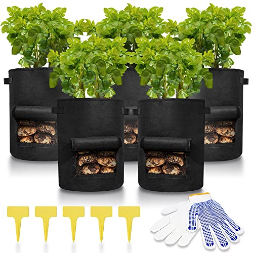 La Main Verte Potato Growing Containers, [5 Pack] 10 Gallon Potato Bags for Growing Potatoes, Non Woven Potato Pots for Growing Potatoes with [Bonus] Garden Gloves for Tomato, Vegetable and Fruits