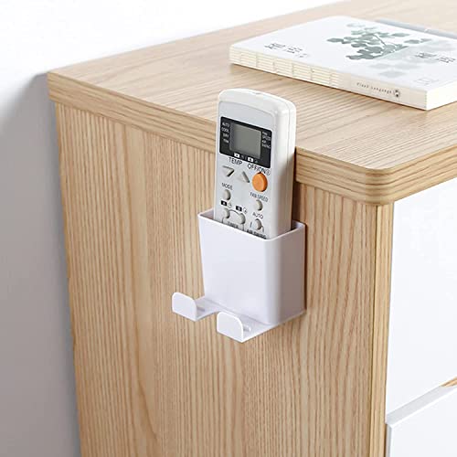 2 Pieces Remote Control Storage Boxes, Wall-Mounted Mobile Phone Holder, ABS Paste Wall-Mounted Organizer Box with Hook for Mobile Phone Charging Stand, Storage Box for Home and Office Use - White