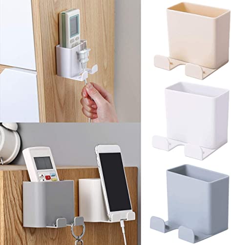 2 Pieces Remote Control Storage Boxes, Wall-Mounted Mobile Phone Holder, ABS Paste Wall-Mounted Organizer Box with Hook for Mobile Phone Charging Stand, Storage Box for Home and Office Use - White