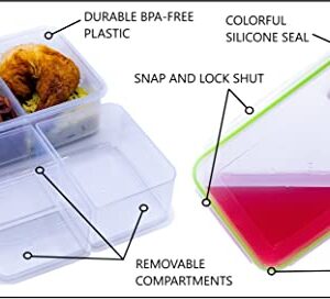 Kitchen & Cabana Set of 3 - Bento Lunch Boxes (3 Removable Compartments) - Snap Shut & Lock Closed, Leak Proof Food Containers, Multi-Colored. Perfect for Work, Travel and Anytime You're on the Go.