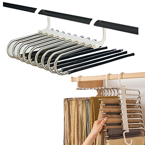 Trrcylp 2Pack Pants Hangers Space Saving, 9 Layer Collapsible Trousers Non Slip Stainless Steel Multifunctional Rack Closet Organizer for Slack Scarf Jeans Black