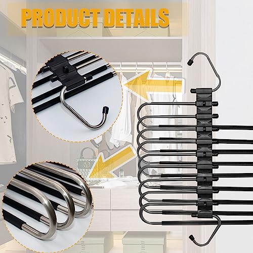 Trrcylp 2Pack Pants Hangers Space Saving, 9 Layer Collapsible Trousers Non Slip Stainless Steel Multifunctional Rack Closet Organizer for Slack Scarf Jeans Black