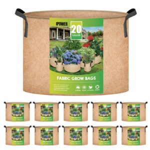 ipower 10-pack 20 gallon aeration grow bags thick nonwoven fabric pots with handles, for fruits, vegetables, and flowers, tan