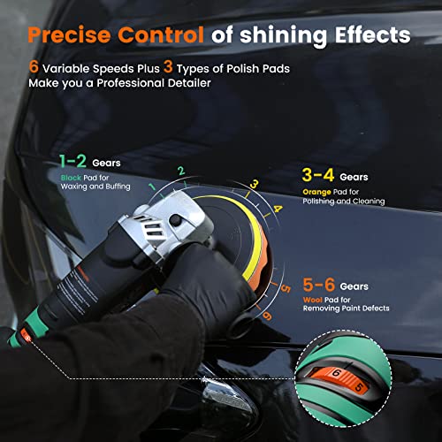 ETOOLAB Buffer Polisher with 23 pcs Necessities, [Car Beauty Designated] 7 inch/ 6 inch Car Rotary Polisher Waxer, 6 Variable Speed (3500RPM Max) Polishing Machine for Car, Boat Detailing