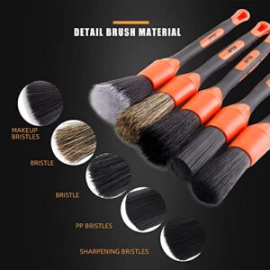 SPTA Car Detailing Brush Set, 5 Pack Soft Boar Hair Auto Detail Brush Kit with Elbow for Automotive Elegant Surface Interior Exterior Dashboard Emblems Panels Engine Bay Wheels Air Vent Seat Leather