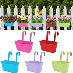 glory island 5 pcs hanging flower pot, metal iron bucket fence hanging planters for outdoor plants, planter box with detachable hooks for railing balcony garden yard