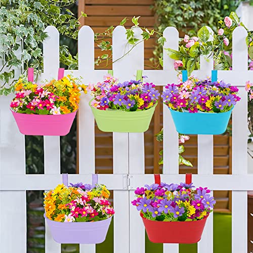 Glory Island 5 Pcs Hanging Flower Pot, Metal Iron Bucket Fence Hanging Planters for Outdoor Plants, Planter Box with Detachable Hooks for Railing Balcony Garden Yard