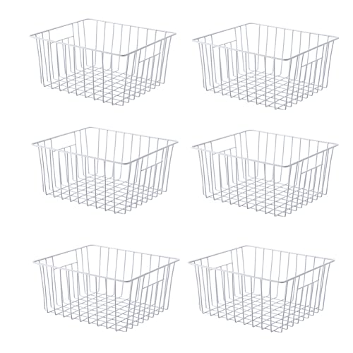 Freezer Organizer Bin, Kitchen Metal Wire Storage Basket, Pantry Cupboard Household Container Divider with Handles, Rustproof - White