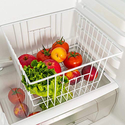 Freezer Organizer Bin, Kitchen Metal Wire Storage Basket, Pantry Cupboard Household Container Divider with Handles, Rustproof - White