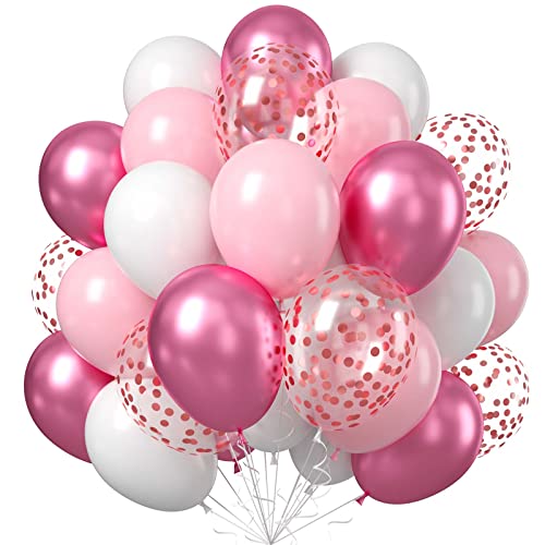 60PCS Pink and White Balloons, 12Inch Baby Light Pink White Party Balloon Set with Metallic Red Balloons, Rose Gold Confetti Helium Latex Balloons for Girls Birthday Baby Shower Wedding Decorations