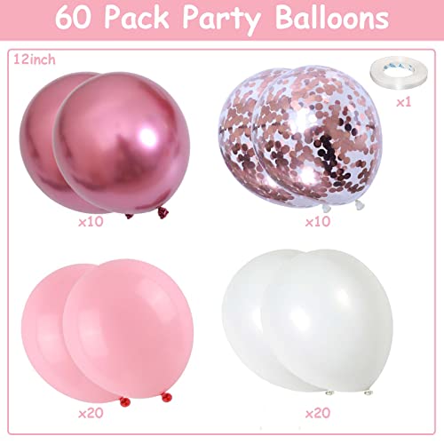 60PCS Pink and White Balloons, 12Inch Baby Light Pink White Party Balloon Set with Metallic Red Balloons, Rose Gold Confetti Helium Latex Balloons for Girls Birthday Baby Shower Wedding Decorations