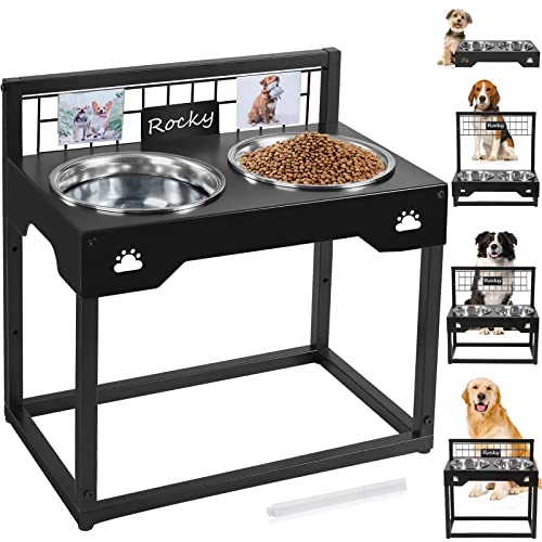 Ronjnndc Elevated Dog Bowls Raised Bowls with 4 Heights Adjustable Raised Dog Bowls Stand Feeder with Name Tag and 2 Stainless Bowls for Large Medium Small Dogs Pets