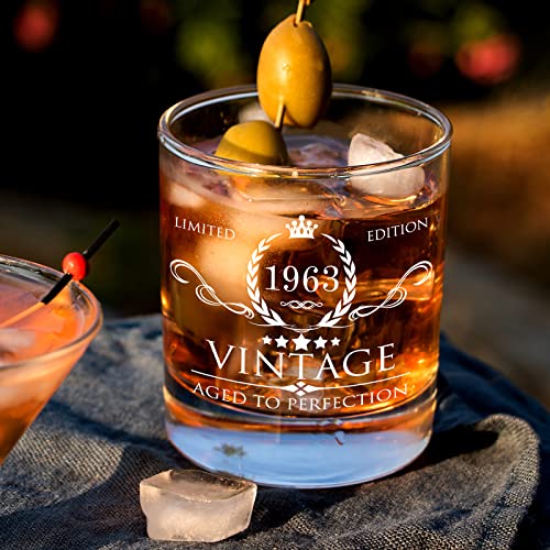 60th Birthday Gifts for Men Whiskey Glass Set - 60th Birthday Decorations, Party Supplies - 60 Year Anniversary, Bday Gifts Ideas for Him, Dad, Husband, Friends - Wood Box & Whiskey Stones & Coaster