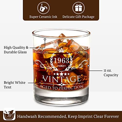 60th Birthday Gifts for Men Whiskey Glass Set - 60th Birthday Decorations, Party Supplies - 60 Year Anniversary, Bday Gifts Ideas for Him, Dad, Husband, Friends - Wood Box & Whiskey Stones & Coaster