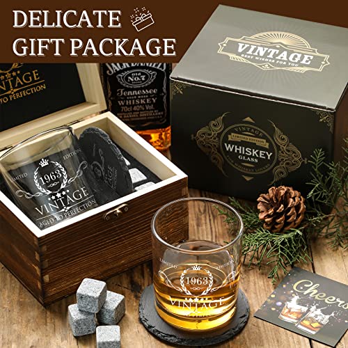 60th Birthday Gifts for Men Whiskey Glass Set - 60th Birthday Decorations, Party Supplies - 60 Year Anniversary, Bday Gifts Ideas for Him, Dad, Husband, Friends - Wood Box & Whiskey Stones & Coaster