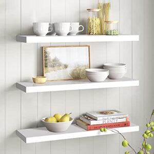 tiasott wall mounted floating shelves set of 3,white wall display floating shelf,solid wood wall shelves 3 pack,invisible storage shelf for wall,organize to photos,books,showpiece,trophy and more.