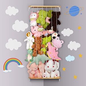 telihel stuffed animal storage wood soft toy shelf with adjustable length large corner plush toys holder for nursery play room bedroom kid room (natural)
