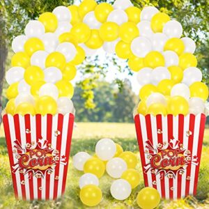 2 pieces giant popcorn box cardboard stand up with 100 balloons movie popcorn 3d popcorn box cardboard stand up and yellow white popcorn theme balloons carnival decorations for movie themed party
