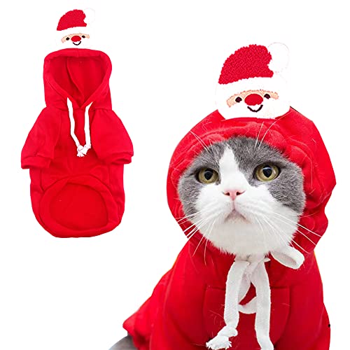 ANIAC Christmas Small Dog Hoodies Warm Puppy Hooded Sweatshirt with Cartoon Santa Claus Pet Winter Clothes Xmas Cat Apparel (X-Small, Red)