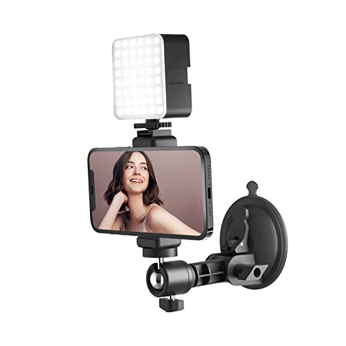 LenTok Suction Cup Mirror Phone Holder with Light, Travel Wall Phone Camera Mount for Makeup Content Creator Essentials, Mirror Tripod for Bathroom Kitchen Compatile with All Smooth Surface