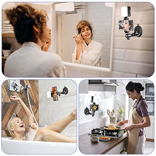 LenTok Suction Cup Mirror Phone Holder with Light, Travel Wall Phone Camera Mount for Makeup Content Creator Essentials, Mirror Tripod for Bathroom Kitchen Compatile with All Smooth Surface