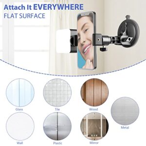 LenTok Suction Cup Mirror Phone Holder with Light, Travel Wall Phone Camera Mount for Makeup Content Creator Essentials, Mirror Tripod for Bathroom Kitchen Compatile with All Smooth Surface