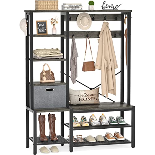 Aheaplus Hall Tree with Storage Bench, Coat Rack, 5-Tier Shelves, Fabric Storage Basket, Side hooks, Industrial 5 in 1 Large Organizer, 72 inch,Wood Look Accent Furniture-Sturdy Metal Frame, Black Oak