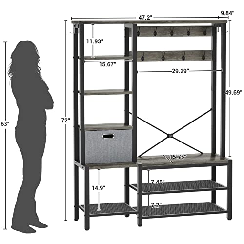 Aheaplus Hall Tree with Storage Bench, Coat Rack, 5-Tier Shelves, Fabric Storage Basket, Side hooks, Industrial 5 in 1 Large Organizer, 72 inch,Wood Look Accent Furniture-Sturdy Metal Frame, Black Oak