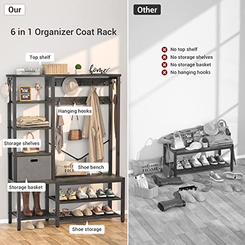 Aheaplus Hall Tree with Storage Bench, Coat Rack, 5-Tier Shelves, Fabric Storage Basket, Side hooks, Industrial 5 in 1 Large Organizer, 72 inch,Wood Look Accent Furniture-Sturdy Metal Frame, Black Oak