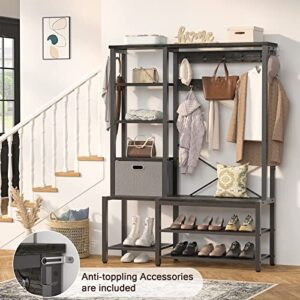 Aheaplus Hall Tree with Storage Bench, Coat Rack, 5-Tier Shelves, Fabric Storage Basket, Side hooks, Industrial 5 in 1 Large Organizer, 72 inch,Wood Look Accent Furniture-Sturdy Metal Frame, Black Oak