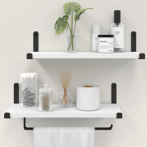 Godimerhea White Floating Shelves with Towel Holder, Modern Wall Mounted Shelf Set of 2, Neutral Wooden Storage for Wall Decorative Hanging Shelf for Bathroom, Kitchen, Living Room