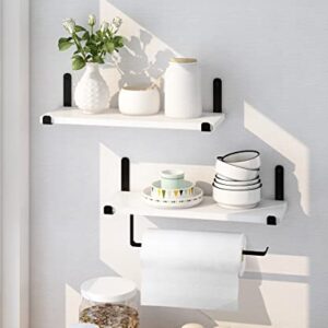 Godimerhea White Floating Shelves with Towel Holder, Modern Wall Mounted Shelf Set of 2, Neutral Wooden Storage for Wall Decorative Hanging Shelf for Bathroom, Kitchen, Living Room