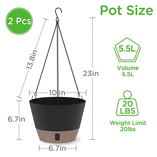 SOSMAR 2 Pack Hanging Planters for Indoor Plants, 10 Inch Hanging Pots for Plants with Visible Water Level, 6 Pcs Hooks, Decorative Flower Pot Holder with Drainage for Indoor Outdoor Plants