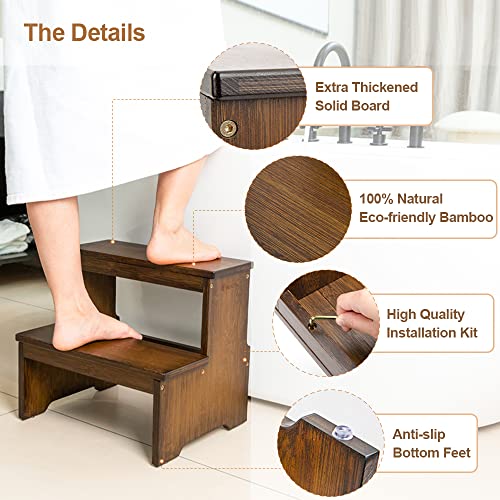 StrongTek Bamboo Two Step Stool for Adults and Kids, Bed Stepstool with Anti-Slip Bottom, Heavy Duty for Kitchen, Bathroom, Bedside Step Stool, Wooden Step Stairs 400 lbs Capacity