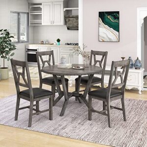 harper & bright designs mid-century 5-piece dining table set, wooden round dining table with cross legs and 4 upholstered chairs, dining room kitchen table chairs set, gray