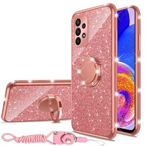 nancheng for galaxy a23 5g case, case for samsung a23 5g girls women glitter cute soft tpu cover with ring kickstand strap lanyard bumper shockproof protective cell phone case for a23 5g - rose gold