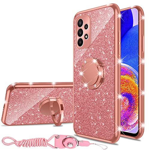 nancheng for Galaxy A23 5G Case, Case for Samsung A23 5G Girls Women Glitter Cute Soft TPU Cover with Ring Kickstand Strap Lanyard Bumper Shockproof Protective Cell Phone Case for A23 5G - Rose Gold