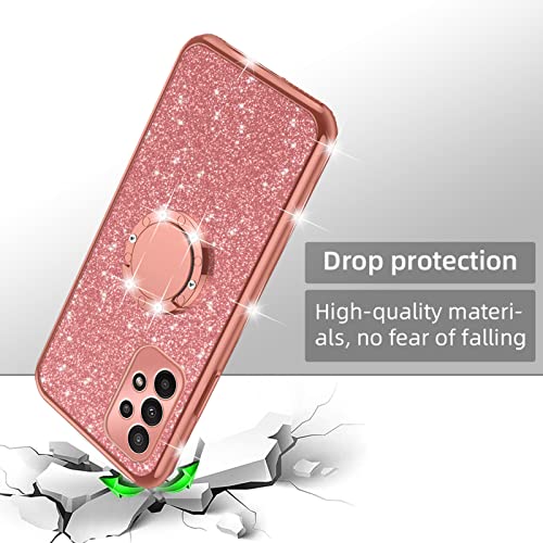 nancheng for Galaxy A23 5G Case, Case for Samsung A23 5G Girls Women Glitter Cute Soft TPU Cover with Ring Kickstand Strap Lanyard Bumper Shockproof Protective Cell Phone Case for A23 5G - Rose Gold